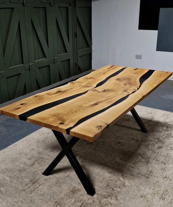 30% off, Oak dining table with with double black epoxy resin river