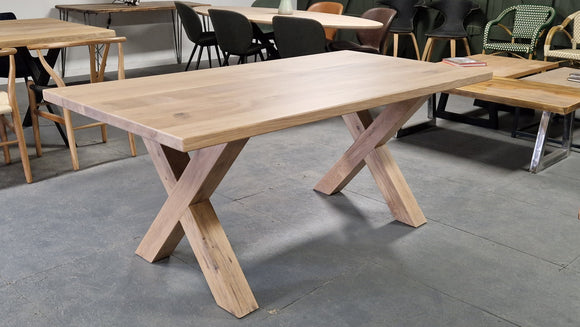 Solid oak dining table with robust Oak X style legs in a choice of 4 finishes