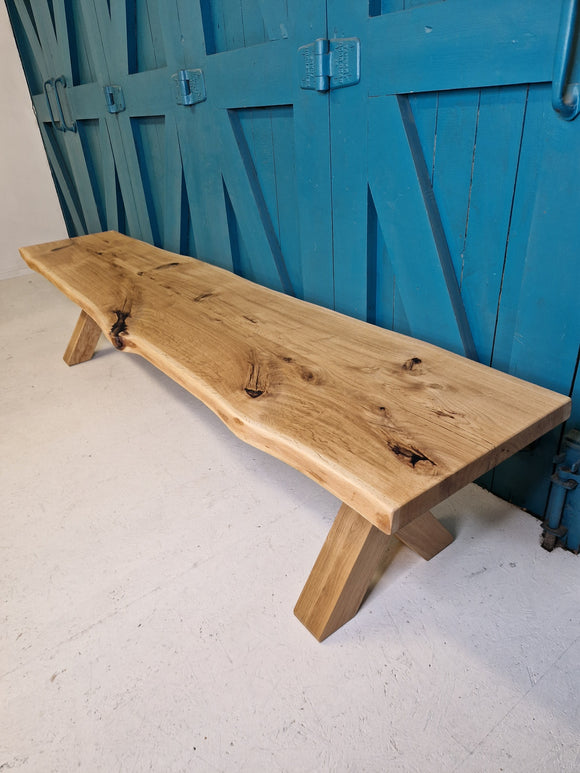 oak live edge bench raw edge bench, oak X legs / cross legs, character oak bench, bench seat, hard wearing finish
bespoke sizes made in Ireland