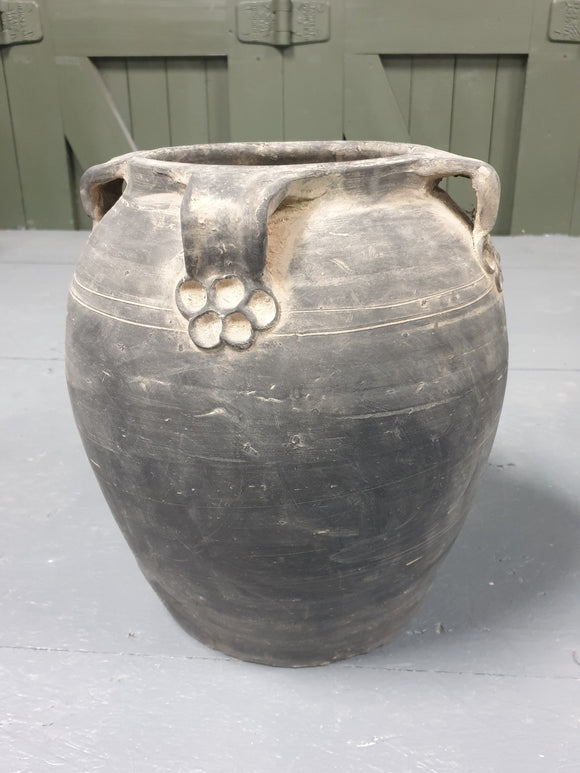Large antique oriental paw print ears unglazed grey decorative pot, Shanxi 1950