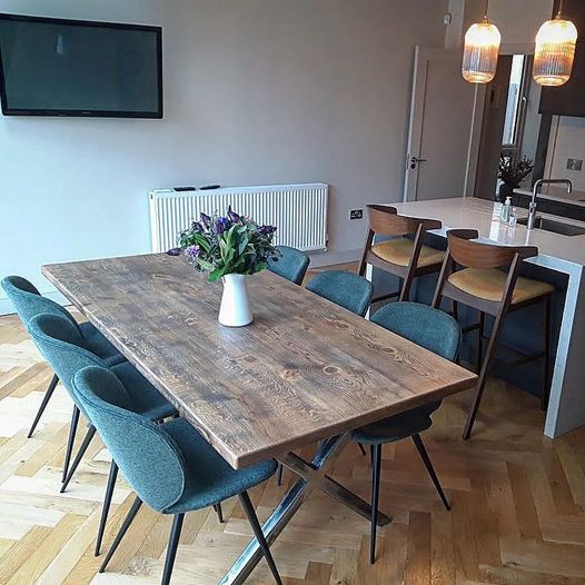 OAK DINING TABLE, 42MM THICK WITH VINTAGE FINISH AND STEEL X STYLE LEG