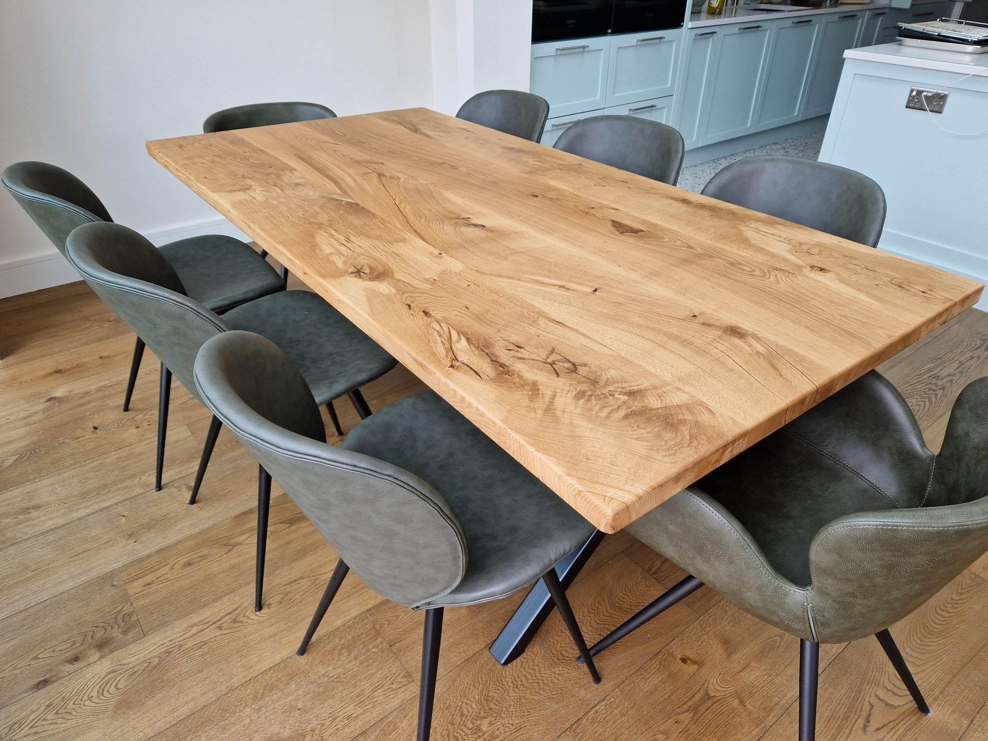 European Oak Dining Table with Natural Finish and Steel X Shape