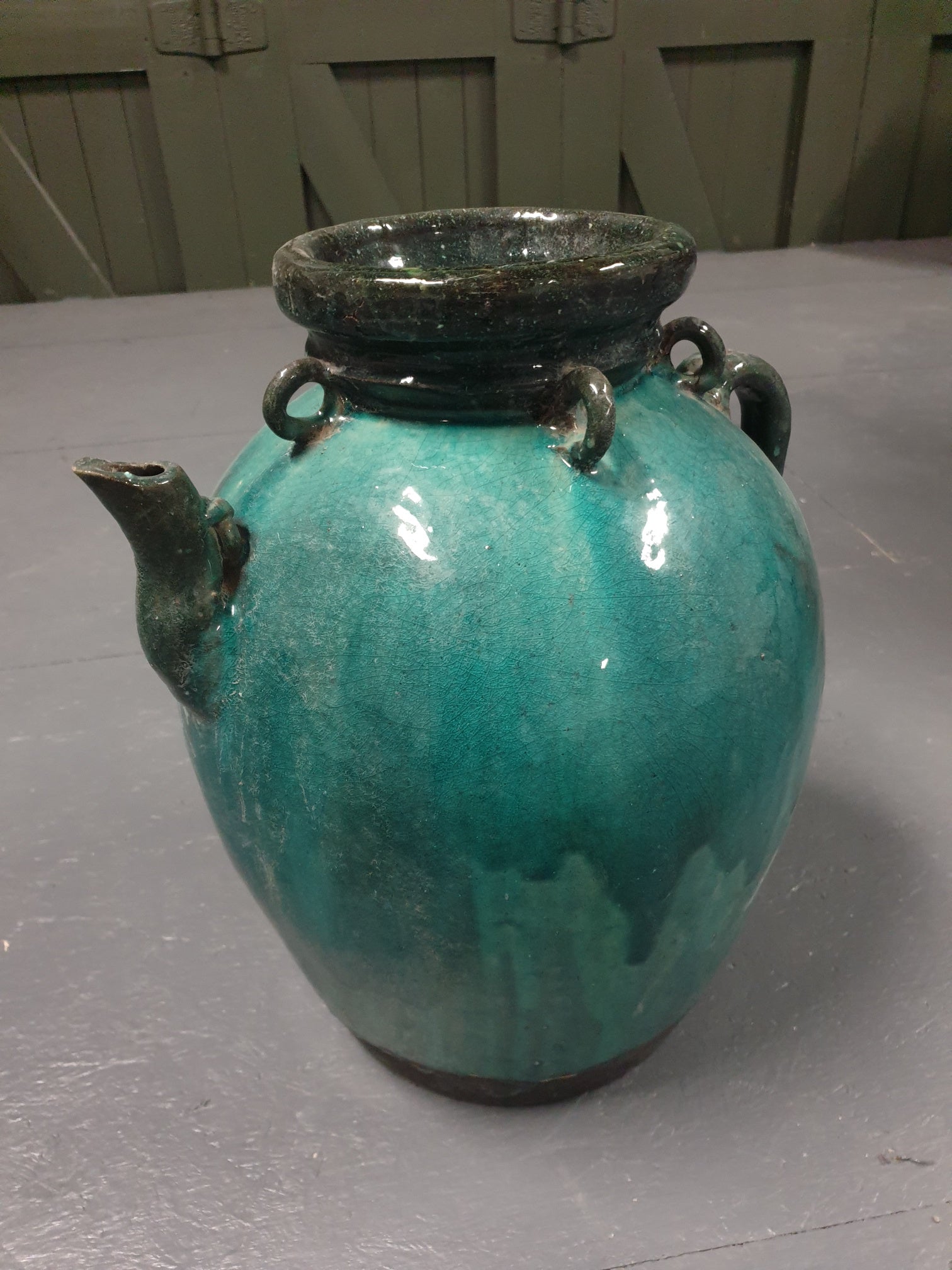 Large hand crafted turquoise oriental Wabi Sabi ceramic wine jar