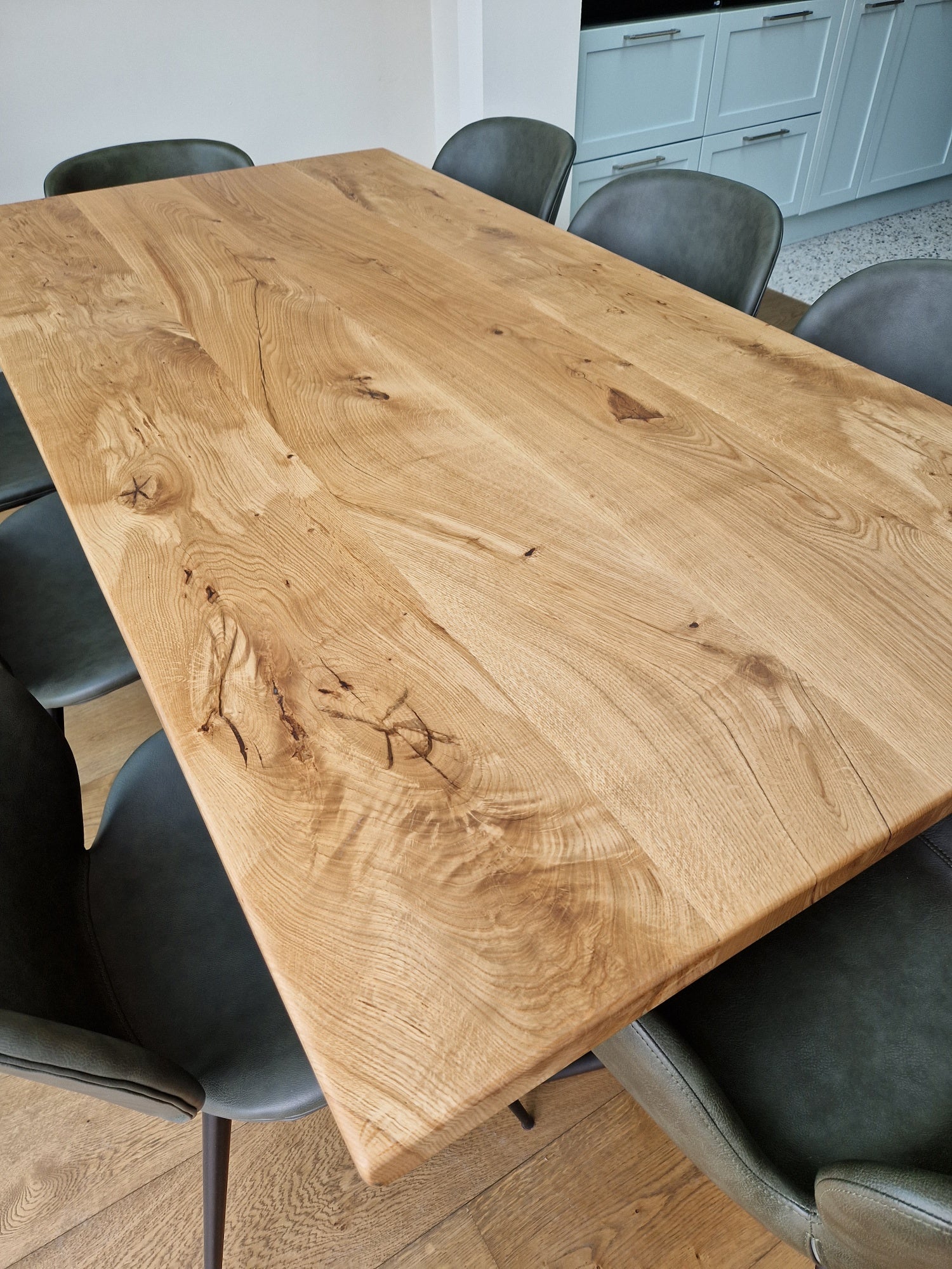 European Oak Dining Table with Natural Finish and Steel X Shape
