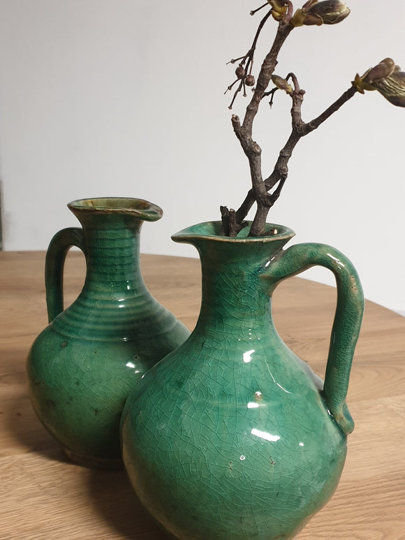 Oriental crackle glazed jade green vase,  handmade in Jingdezhen with distressed finish