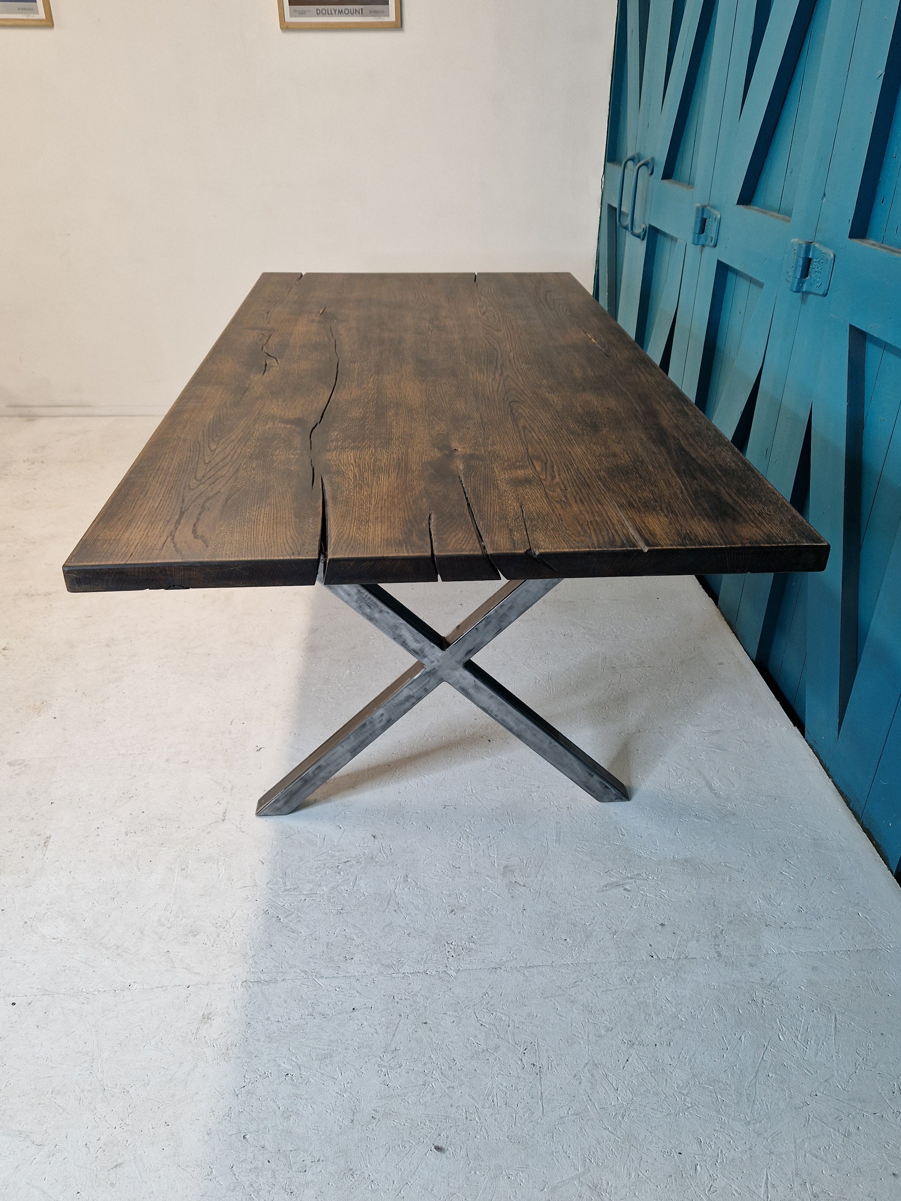 Large character dark oak dining table from reclaimed salvaged timber 2m x 1m